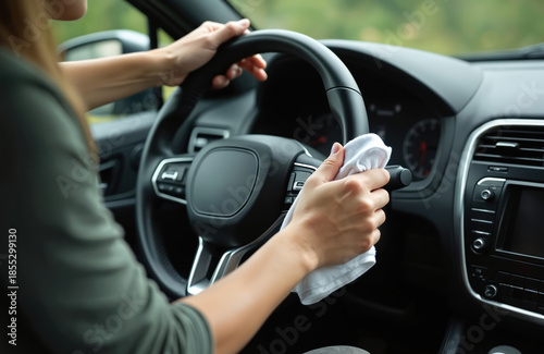 Person wipes car steering wheel with white cloth. Driver maintains interior cleanliness after drive. Focuses on hygiene, neatness, responsible auto care.