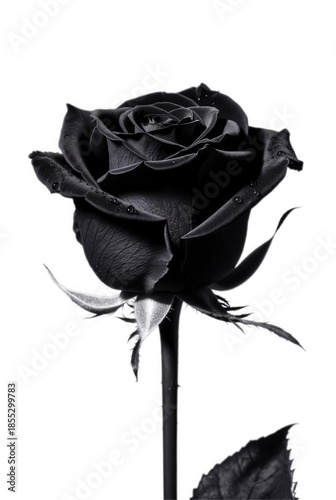 A single black rose with water droplets on a black background isolated on transparent background