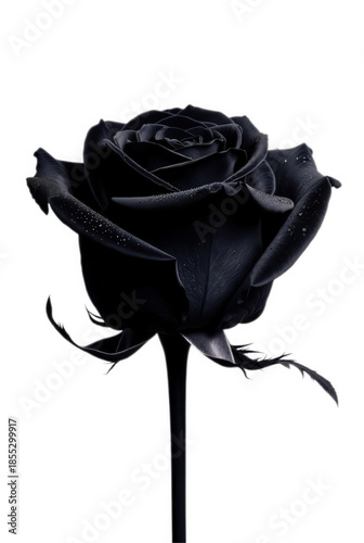A single black rose with water droplets on its petals isolated on transparent background
