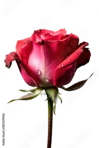 Close-up of a deep pink rose with water droplets on its petals isolated on transparent background