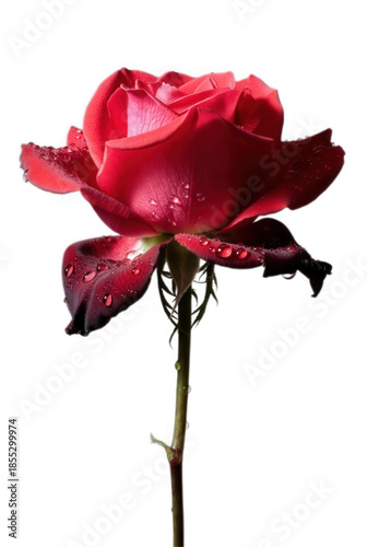 A solitary deep red rose with water droplets on its petals isolated on transparent background