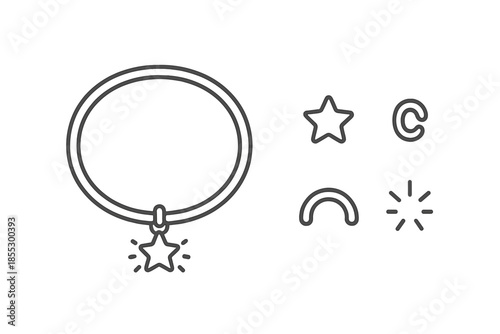 Wishing Charm Icons. Line style icons of Wishing Charm Band: band outline, tiny charm, star hint, link curve, closure arc, gentle