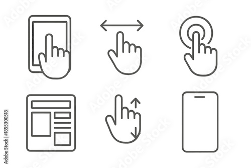 Interactive Digital Interface. Digital touch interface: Line style icons of touchscreen panel, drag motion, tap circle, UI layout,