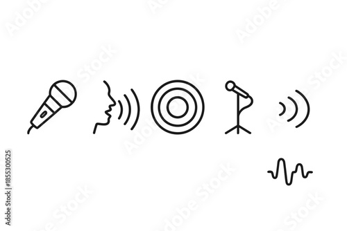 Vocal Sound Illustrations. Vocal sound projection: Line style icons of dynamic mic, voice arcs, resonance ring, stage stand, echo