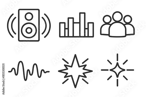 Event Vibes Icons. Loud event atmosphere: Line style icons of event speaker, booming arcs, equalizer lines, crowd symbol, rhythm