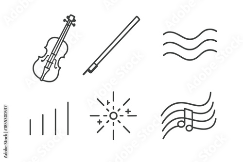 Orchestral Violin Icons. Orchestral violin tone: Line style icons of orchestral violin, lifted bow, soft waves, harmony bar, tone