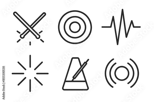 Rhythmic Pulse Icons. Pulse rhythm strike: Line style icons of striking sticks, pulse ripples, beat marks, rhythm flare, tempo