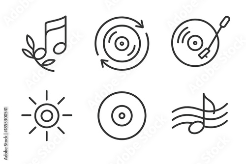 Vinyl Harmony Icons. Record-era harmony: Line style icons of harmony note, vinyl loop, tonearm bar, sound glow, retro circle,