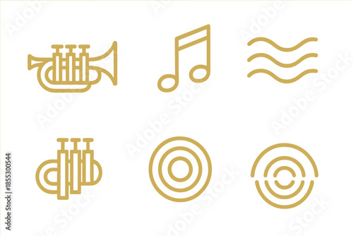 Rhythmic Brass Icons. Golden brass rhythm: Line style icons of brass tube, rhythm notes, warm waves, valve set, tone ripple, audio