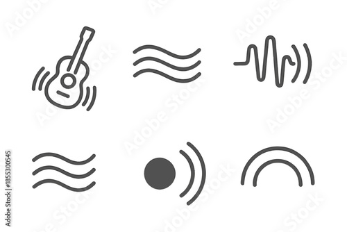 Guitar Resonance Icons. Warm guitar resonance: Line style icons of resonating body, vibrating strings, mellow waves, chord pulse,