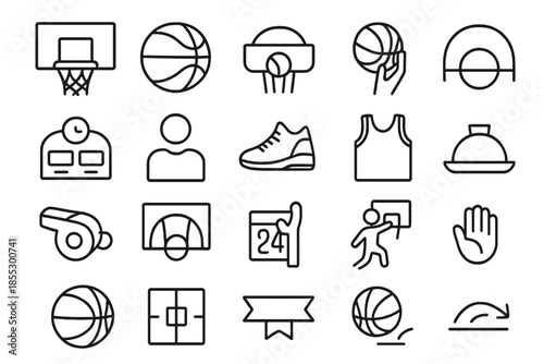 Basketball Line Icons. Line style icons of Basketball Hoop Score: basketball hoop, ball, backboard, net, hand hold, court line,
