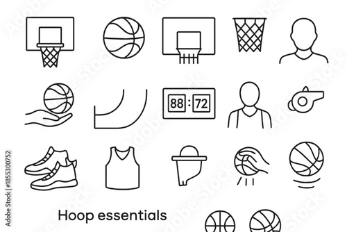 Basketball Line Icons. Line style icons of Hoop and Ball Essentials: basketball hoop, ball, backboard, net, hand hold, court line,