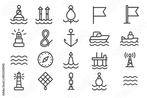 Sea Navigation Icons. Line style icons of sea navigation aids: Buoy, Channel, Float, Flag, Light, Rope, Anchor, Boat, Waves,