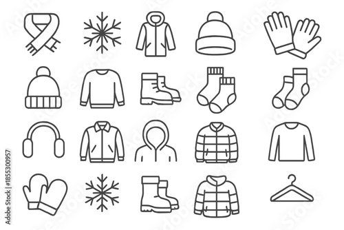 Winter Warmth Icons. Line style icons of winter warmth tools: Scarf, Winter, Warmth, Coat, Gloves, Hat, Beanie, Sweater, Boots,