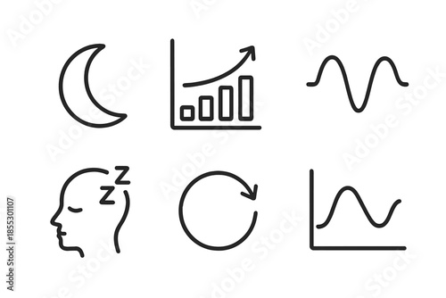 Rest Cycle Icons. Line vector icons of rest-cycle insights: moon symbol, insight chart, soft rhythm, rest curve, dreamy profile,