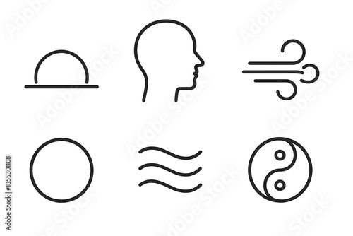 Grounding Breath Icons. Line vector icons of grounding breath method: grounding arc, stable head shape, rhythmic airflow line,