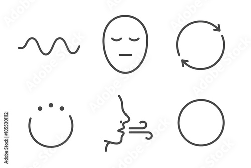 Breathing Exercise Icons. Line vector icons of an anxiety-relief breathing exercise: inhale–exhale wave, calm face outline, breath