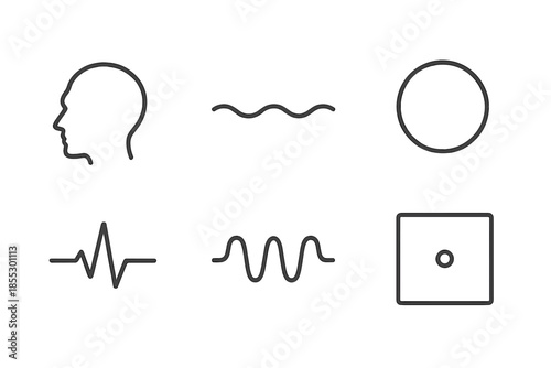 Line Vector Mindfulness. Line vector icons of mental stillness: minimal brain form, flat calm wave, soft halo, balanced pulse,
