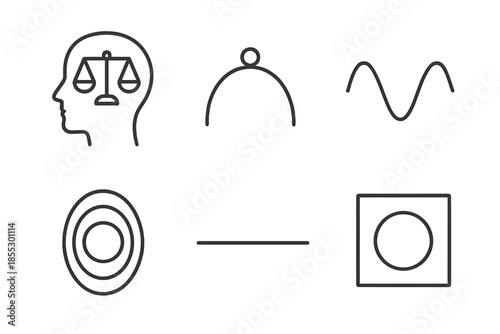 Mental Balance Icons. Line vector icons of a mental balance app: balanced head, symmetry arc, gentle oscillation, focus sphere,