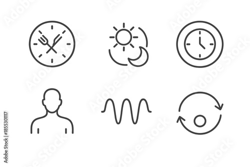 Intermittent Fasting Icons. Line vector icons of intermittent fasting and circadian rhythms: fasting clock, sun–moon cycle, time