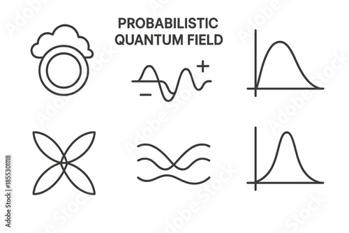 Quantum Field Icons. Line vector icons of probabilistic quantum field: cloud ring, variable wave, amplitude arc, probability curve