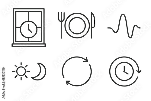 Fasting Icon Collection. Line vector icons of fasting window guidance: window frame clock, minimal plate hint, rhythm curve,