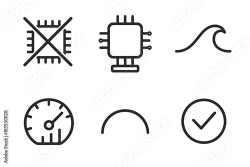 Quantum vs Classical Icons. Line vector icons of anti-classical comparison: crossed classical chip, standing quantum core, wave