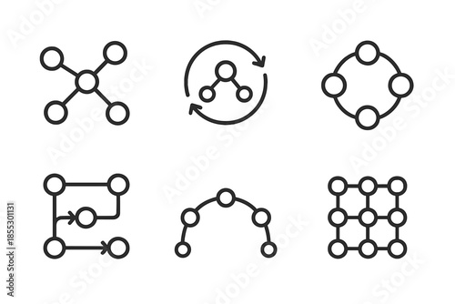 Autonomous Coordination Icons. Line vector icons of autonomous digital coordination: linked nodes, self-govern loop, protocol ring