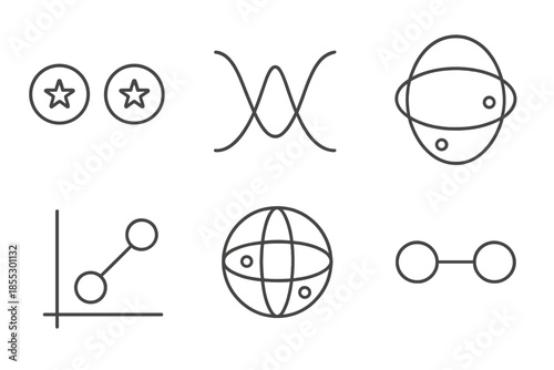 Quantum Entanglement Icons. Line vector icons of particle entanglement: paired particles, linked wave arcs, shared probability