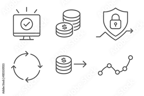 Network Validation Icons. Line vector icons of network validation via staking: validator node, coin layers, secure path, cycle arc