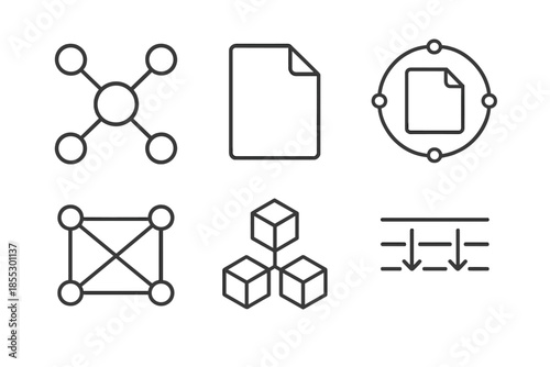 Decentralized Storage Icons. Line vector icons of decentralized file storage: distributed nodes, file outline, storage ring,