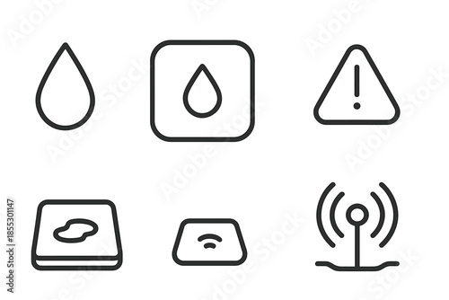 Leak-Alert IoT Icons. Line vector icons of leak-alert IoT device: leak drop, device outline, signal beam, warning arc, floor
