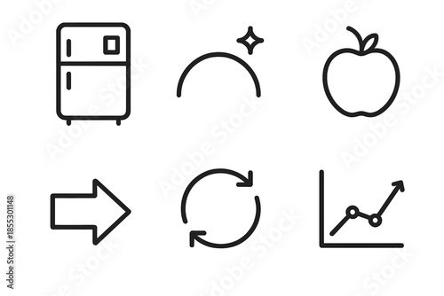 Predictive Grocery Icons. Line vector icons of predictive grocery ordering: smart fridge shape, prediction arc, item symbol, order