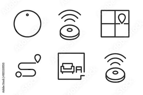 Smart Home Mapping Icons. Line vector icons of smart home mapping robot: robot circle, scanning waves, map grid, route strip,