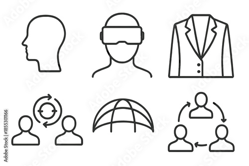 Corporate Virtual Identity Icons. Line vector icons of corporate virtual identity: business head shape, AR/VR glasses line, blazer