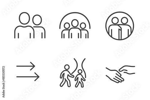 Mentoring Community Icons. Line vector icons of a supportive mentoring community: group profile pair, unity arc, help ring,