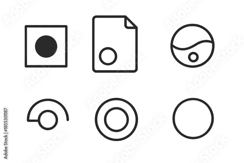 Line Vector Icons. Line vector icons of visible origin marker: origin dot, document shape, clarity arc, transparency band, reveal