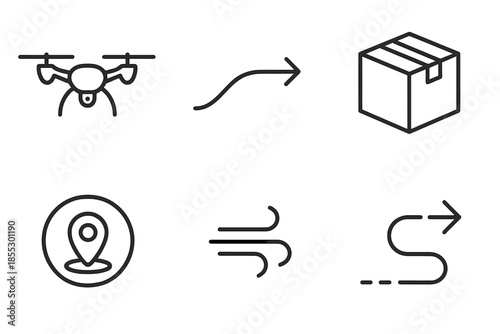 Drone Delivery Icons. Line vector icons of efficient drone delivery: streamlined drone, path arrow, sealed food box, tracking ring