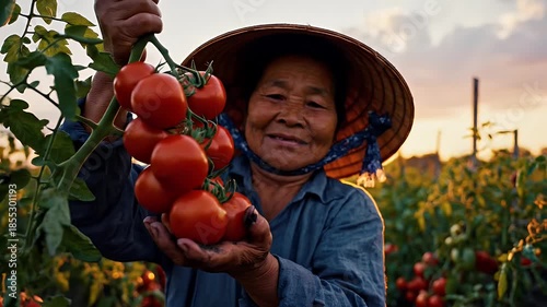 Happy Farmer Harvesting Tomatoes at Sunset - A Portrait of Rural Life.