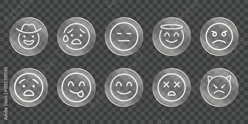 Set of liquid glass outline emoji icons. simple outline user interface icons for transparency ideal for user interface graphics. Control center widget for smartphone and web app, vector illustration.