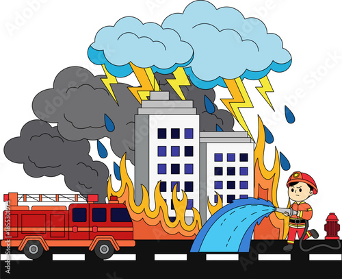 a firefighter and a fire truck spraying water on a fire