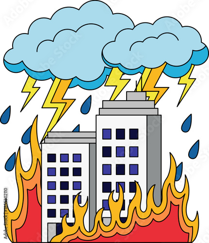 two buildings on fire and a storm