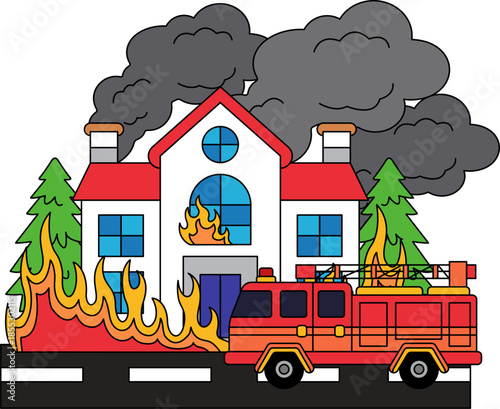 A fire truck is next to a house that is on fire