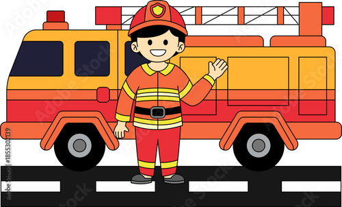male firefighter is standing in front of a fire truck