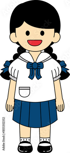 A long hair schoolgirl in a Thai school uniform