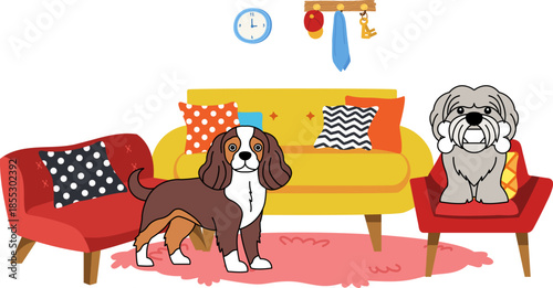 Two dogs are in a living room