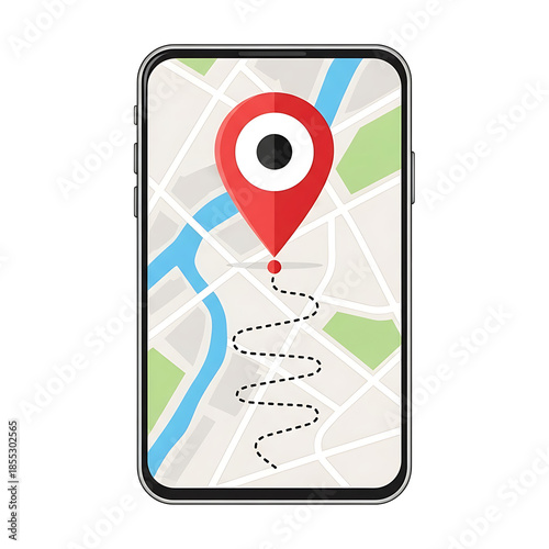 Smartphone displaying map with location marker isolated on white background