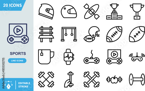 Simple line art icon representing digital video gaming or electronic sports entertainment interaction with a dedicated controller symbol for media playback.