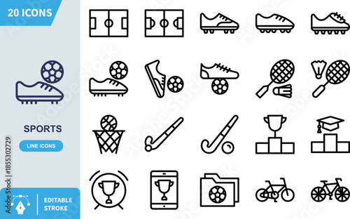 Minimalist line art icon depicting a classic soccer cleat boot positioned beneath a traditional football ready for sports action or competition.