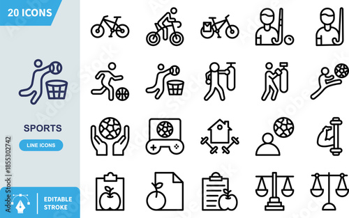 Simple dark blue line icon graphic depicting a stylized athlete attempting to score a basketball shot into a hoop net during gameplay action